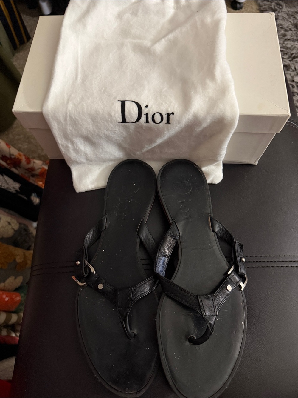 Dior Black Leather Thong Sandals with Buckle Detail
